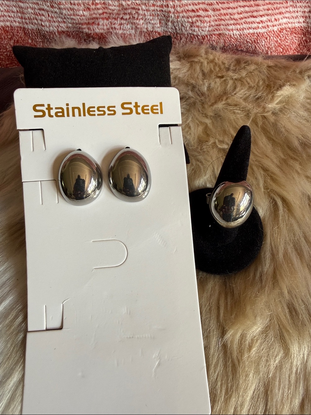 Stainless Steel Silver Dome Earrings and adjustable Ring Set